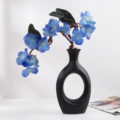 Ceramic Abstract Black Hollow Out Flower Vase, Black