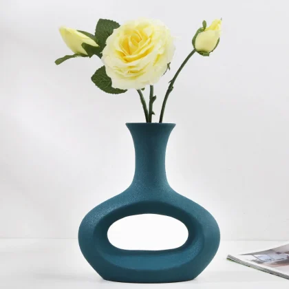 Ceramic Abstract Black Hollow Out Flower Vase, Blue